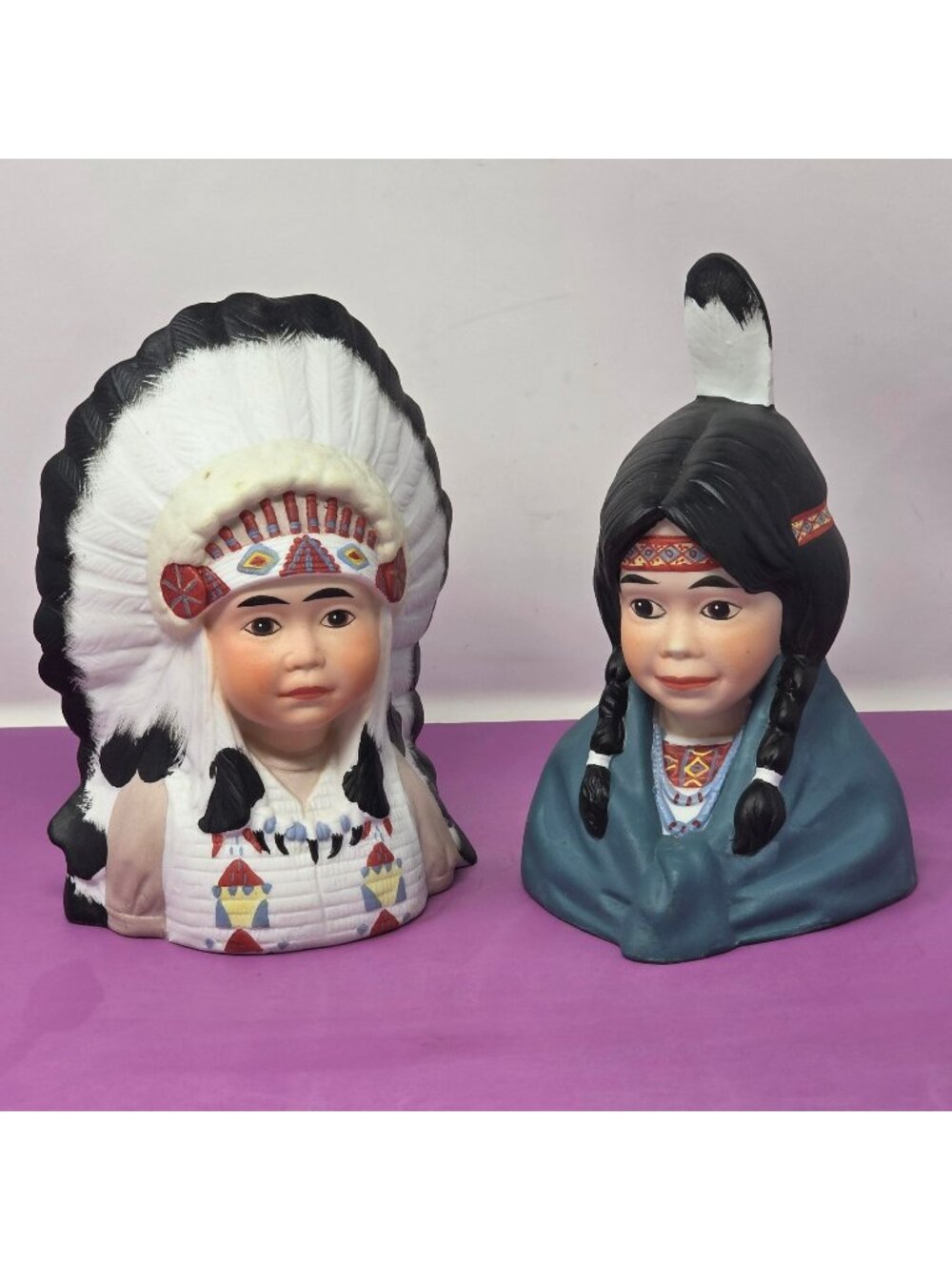 Native‎ American Boy Girl Ceramic Bust Figurines Youngs Inc. Collectibles
